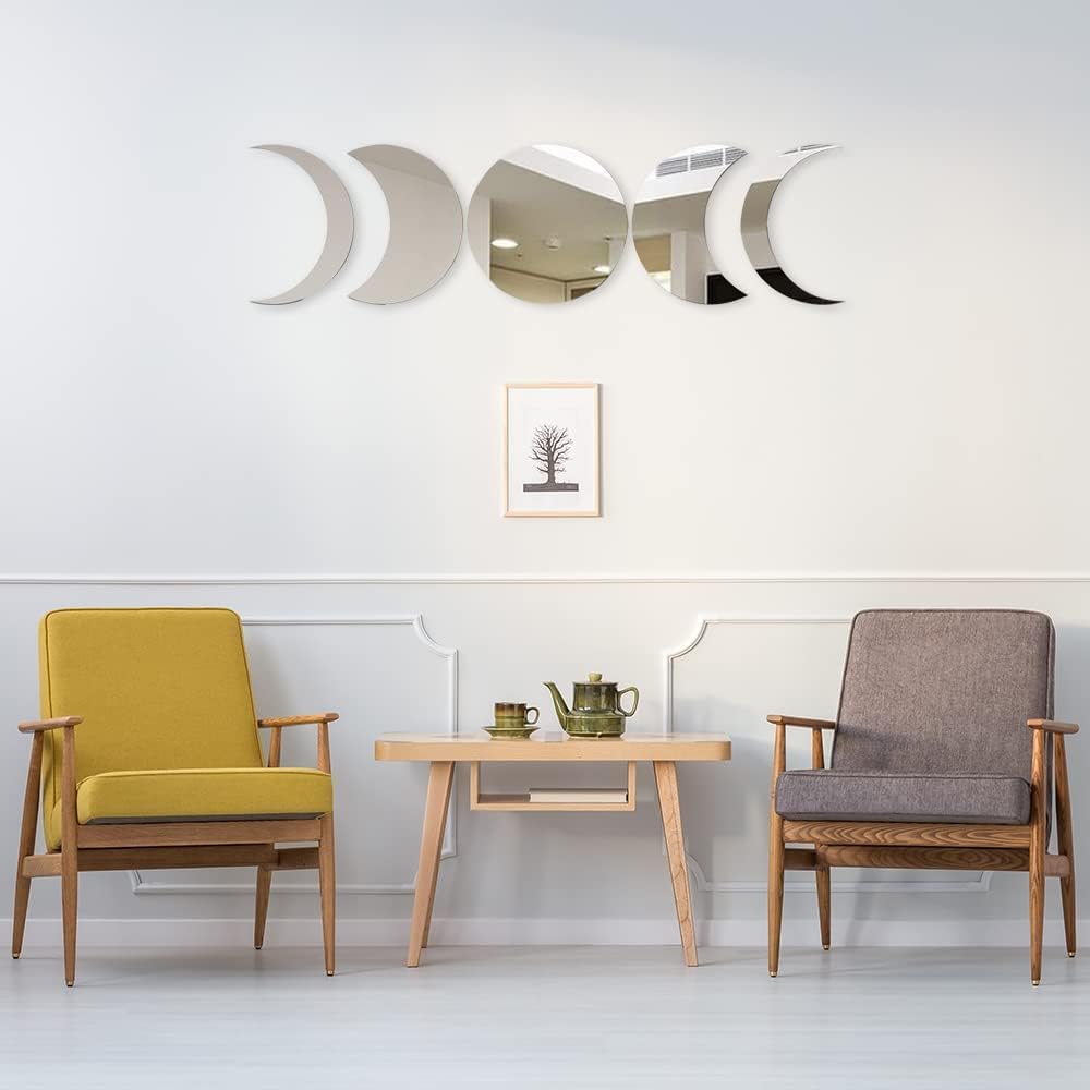 5pieces Moon Phase Mirror Set Wall Decor, Unbreakable Acrylic Self-Adhesive Bohemian Moon Mirror Wall Stickers, Scandinavian Style Aesthetic Home Decor for Bathroom Living Room Office Apartment Dorm