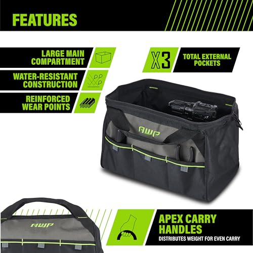 AWP Premium Tool Bag Durable Tool Tote Water-Resistant Organizer for Professionals and Contractors, Black, 15" | 1L-20015