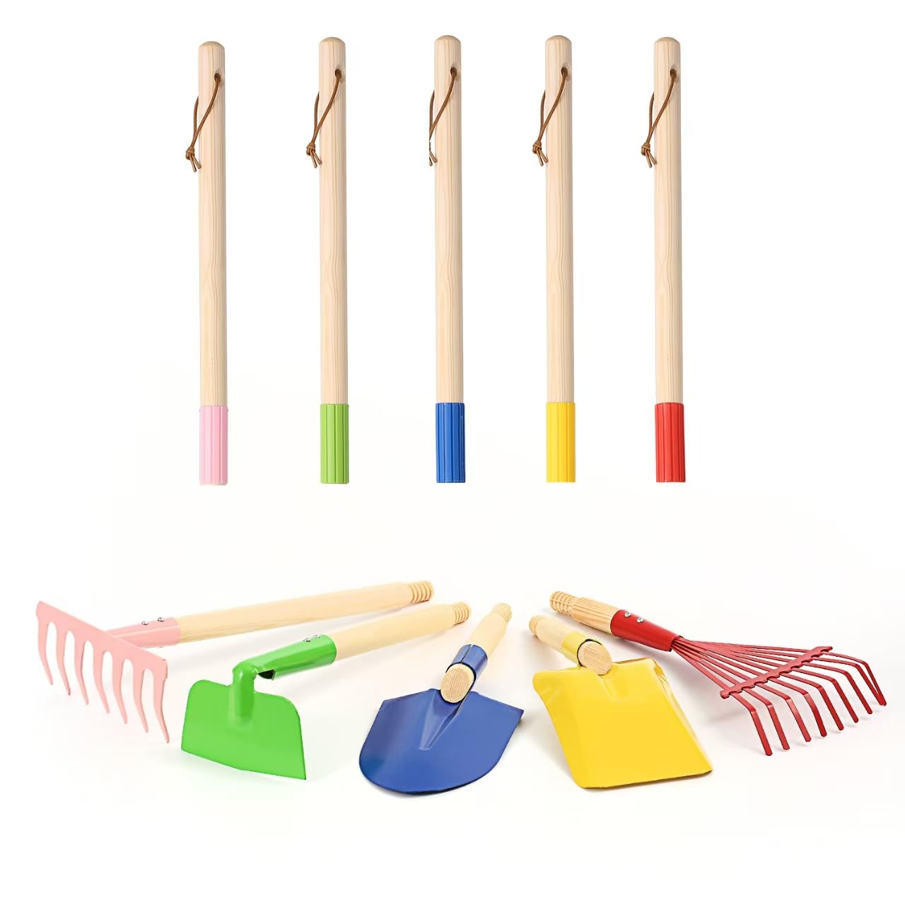 5 PCS 28" Detatchble Kids Gardening Tools, Metal Beach Digging Toys with Sturdy Wooden Handle, Safe Backyard Snow Sensory Playset Including Hoe, Tooth & Leaf Rakes, Flat & Pointed Shovels for Children