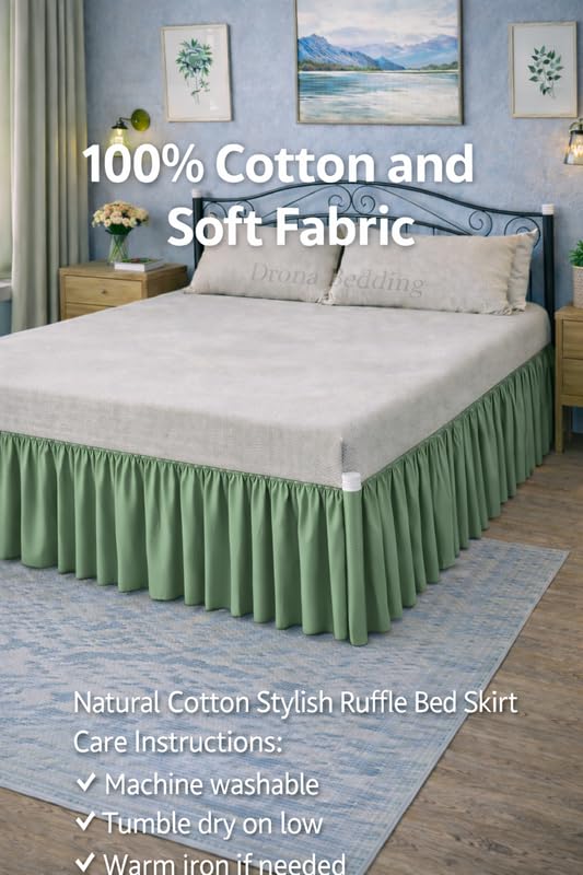 Drona Bedding 100% Cotton Ruffle Bed Skirt Deep Pocket Drop 18 Soft Gathered Farmhouse Style, Classic Tailored Finish, Machine Washable Easy Care - King 76X80-Sage
