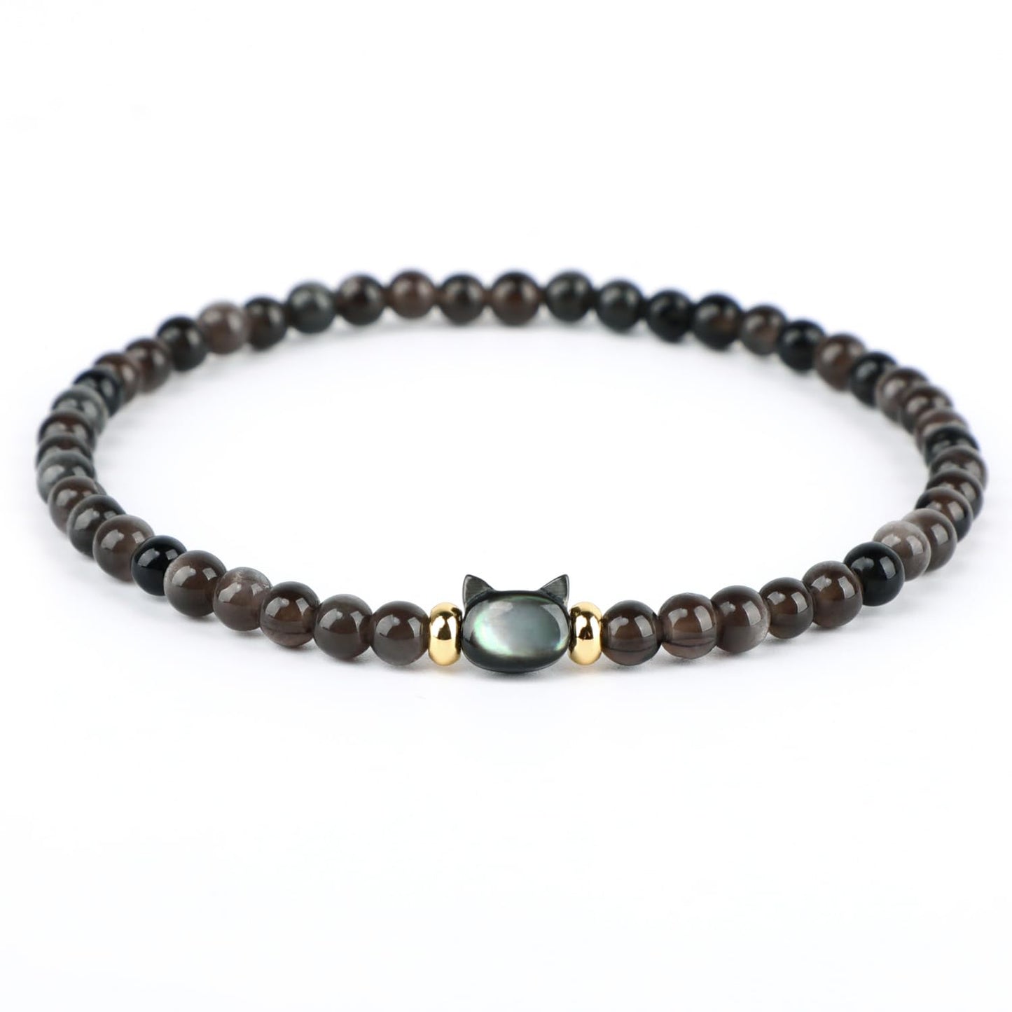AD Beads 4mm Cat Head Silver Obsidian Bracelet – Attract Money, Abundance & Business Luck, Beaded Spiritual Energy Bracelet for Women and Men