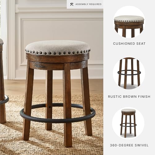 Signature Design by Ashley Valebeck Upholstered Swivel Stool, Cushioned Seat, Woven Fabric Upholstery, Wood, 24" H, Brown & Black