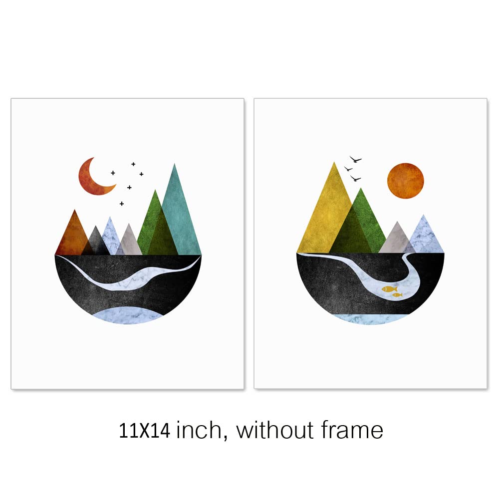 Scandinavian Mountain Wall Art Set of 2, Nordic Geometric Landscape Prints, Minimalist Abstract Poster for Living Room Bedroom Office Decor, Boho Scandi Wall Decor, Unframed 11x14 Inch