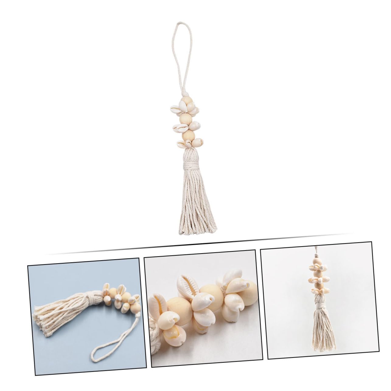 KONTONTY Boho Coastal Decor Wooden Beads String Pendant with Cotton Tassels and Seashells 9.84In Rustic Farmhouse Hanging for Wall Window Decoration