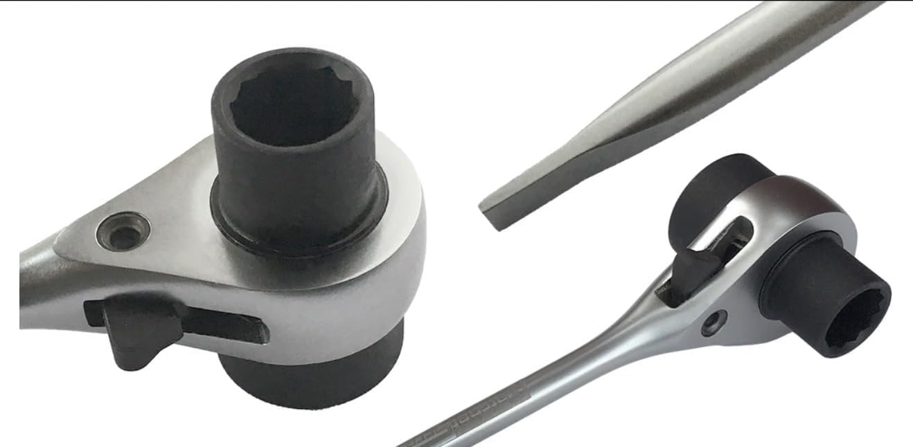 RatchetScrench Chainsaw Maintenance Tool – Dual 13 mm & 19 mm T-Bar Wrench – Cold-Forged Chrome Vanadium Steel with Dual-Taper Groove-Cleaner Tip