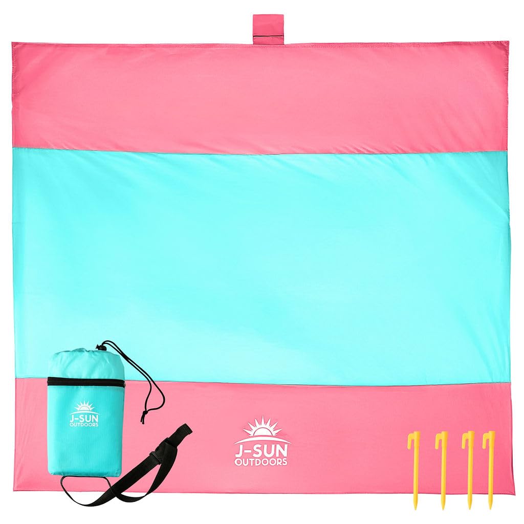 Beach Blanket Sandproof Waterproof, Extra Large Beach Mat, Oversized & Compact Sand Free, Quick Dry Beach Essentials for Vacation, Cruise, Picnic & Camping with Stakes & Extra Zippered Pockets