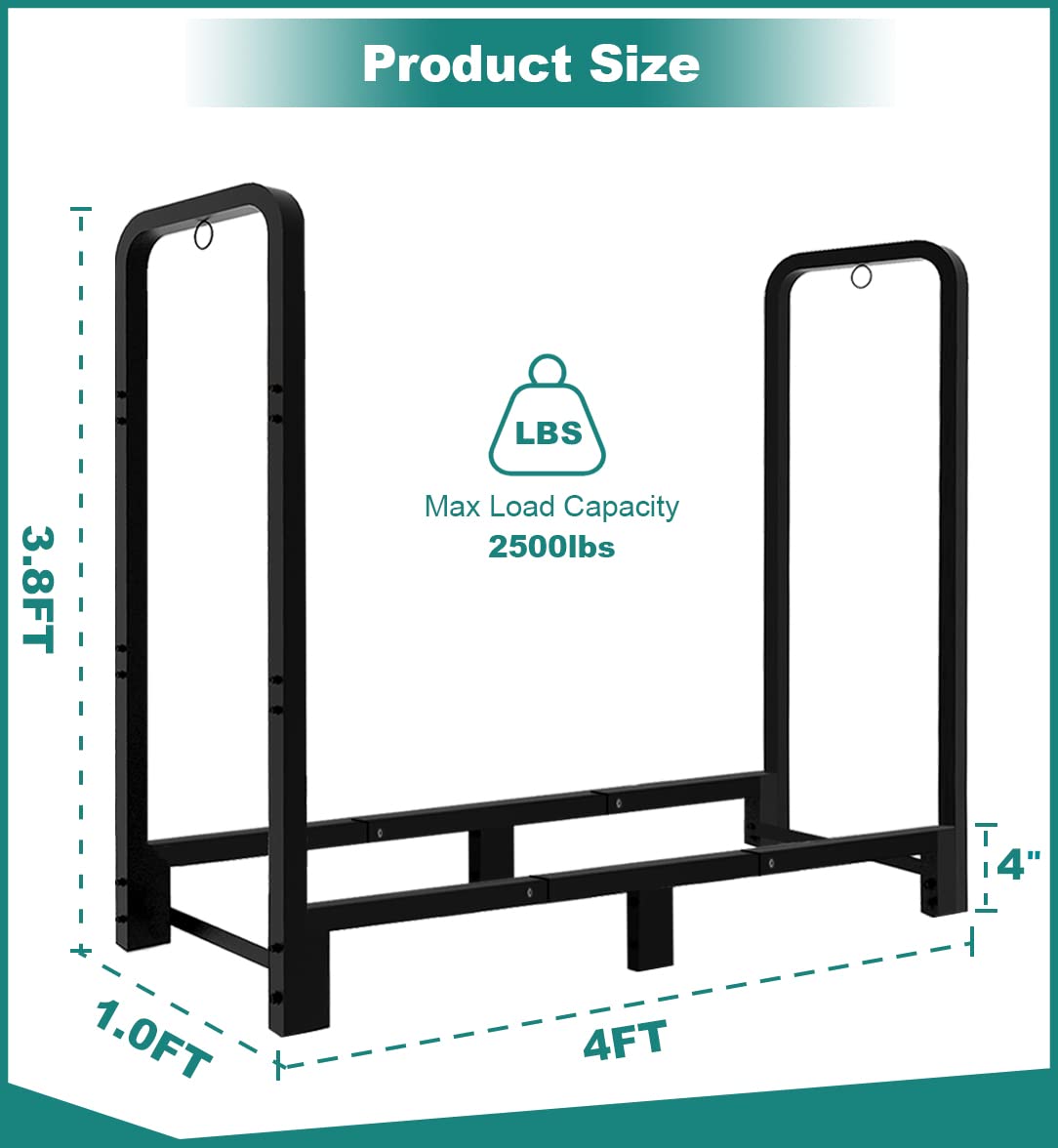 Fandature 4Ft Firewood Rack Adjustable Fireplace Wood Holder for Outdoor Indoor Storage Log - Heavy Duty Fire Log Lumber Stand Stacker, Black