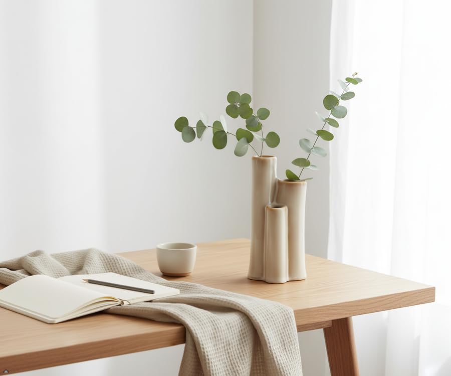 SincereLuxe Ceramic Bud Vase, Sculptural Triple Tube Vase in Cream White for Modern Farmhouse & Minimalist Shelf Decor