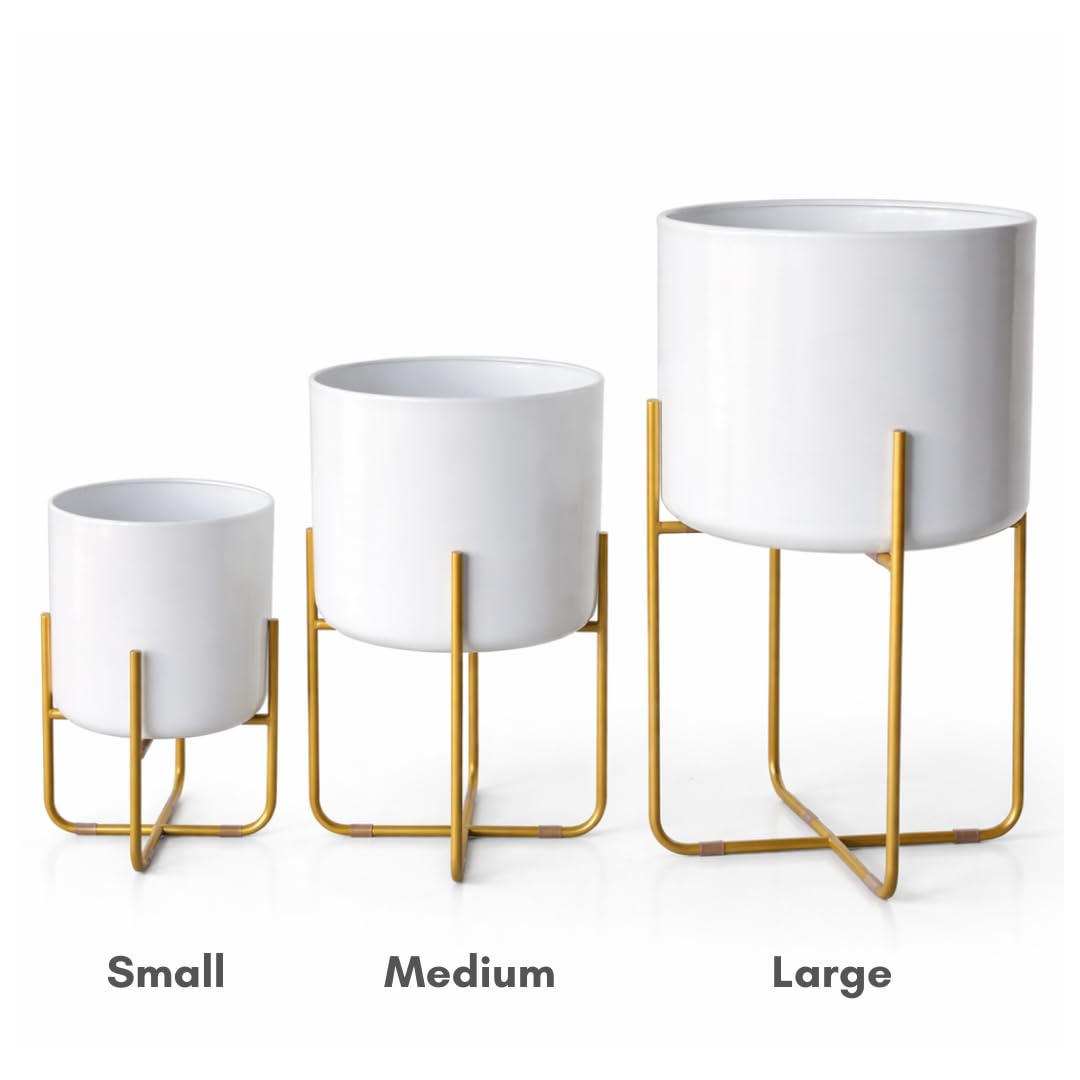 Kirpi Modern Planter Pots, Set of 2 Round White Planters with Gold Stand, Decorative Floor Planters, Metal Pots with Drainage Holes for Living Room, Office, Garden Balcony, 9 and 11 Inch Diameter