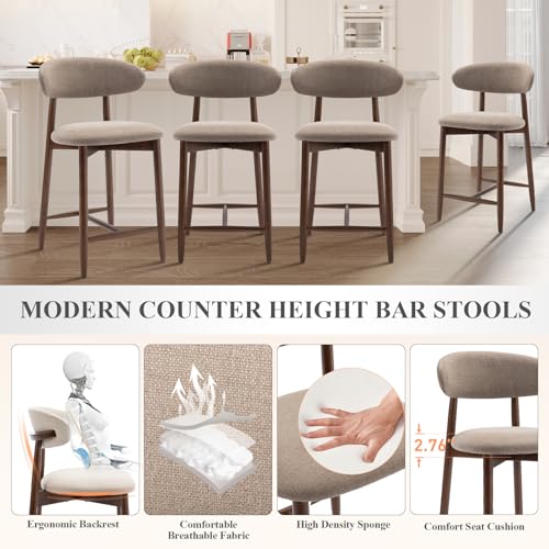 COLAMY Upholstered Counter Bar Stools, Kitchen Island Stools with Back, Modern Counter Height Stools with Wood Legs for Kitchen Island Dining Room Bar, Camel