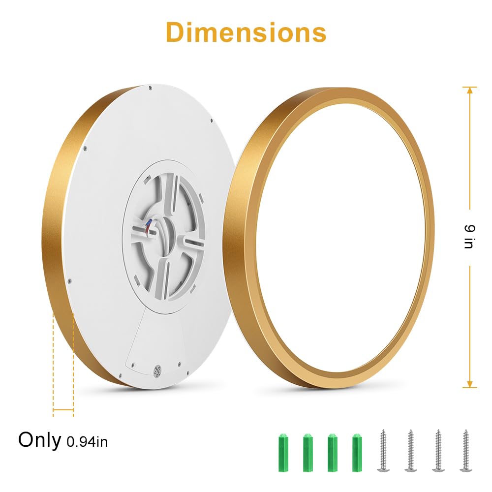 2Pack 9Inch LED Ceiling Light Fixture Flush Mount, 18W(180W Equivalent), 1800LM, 3000K Warm White, IP40, Flat Modern LED Ceiling Lights for Bedroom, Living Room, Bathroom, Stairwell, etc.(Gold)