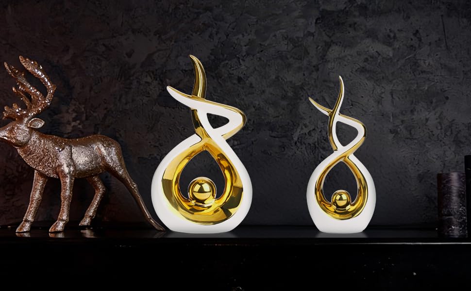 Querro Modern Abstract Ceramic Statue - Elegant White & Gold Decor for Home Living Room, Dining Table Centerpiece & Office Shelf | Luxury Aesthetic Sculpture (Large)