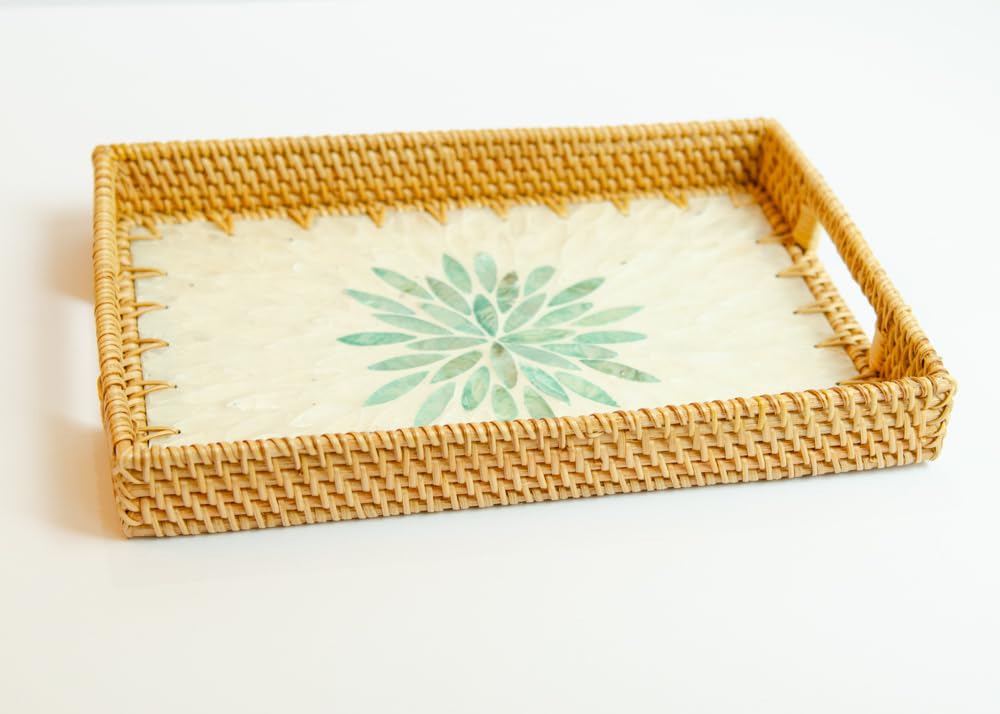 Magenta & Teal Decorative Rectangle Rattan Serving Tray 13x9 inch Mother of Pearl Inlay, Wicker Coffee Table Decor, Farmhouse (Silver Green Flower)