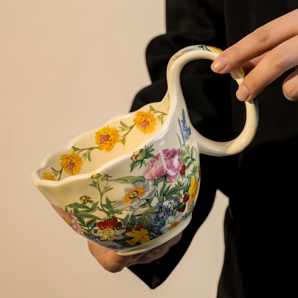 Windefun 16.91oz/500ml Handpainted Soup Bowl with Handle,Ceramic Cereal Bowl Microwave &Dishwasher Safe,Loop Handle Bowl Great for Soup,Yogurt,Snack,Chip,Stew,Ice Cream,Coffee (Peony)