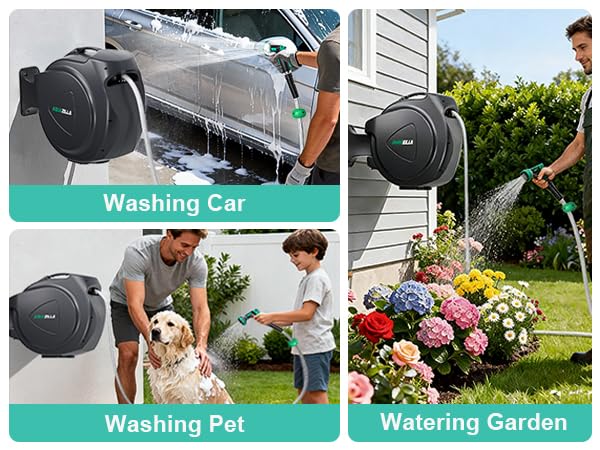 Retractable Garden Hose Reel - 5/8 in x 100 ft Automatic Wall Mount Heavy Duty Automatic Water Hose Reel with 9 Patterns Nozzle, Kink-Resistant Hose, 180° Swivel, Auto-Lock for Outdoor Watering