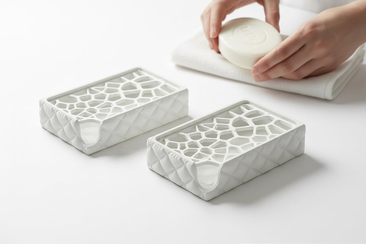 2 Pack Soap Dish Set for Bathroom Sink & Kitchen – Made in USA – Modern Geometric Draining Tray & Base