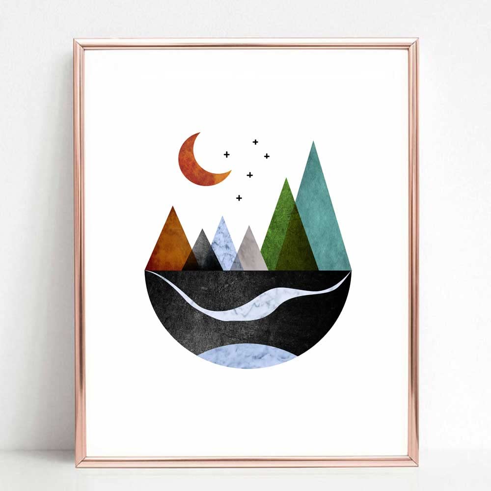 Scandinavian Mountain Wall Art Set of 2, Nordic Geometric Landscape Prints, Minimalist Abstract Poster for Living Room Bedroom Office Decor, Boho Scandi Wall Decor, Unframed 11x14 Inch