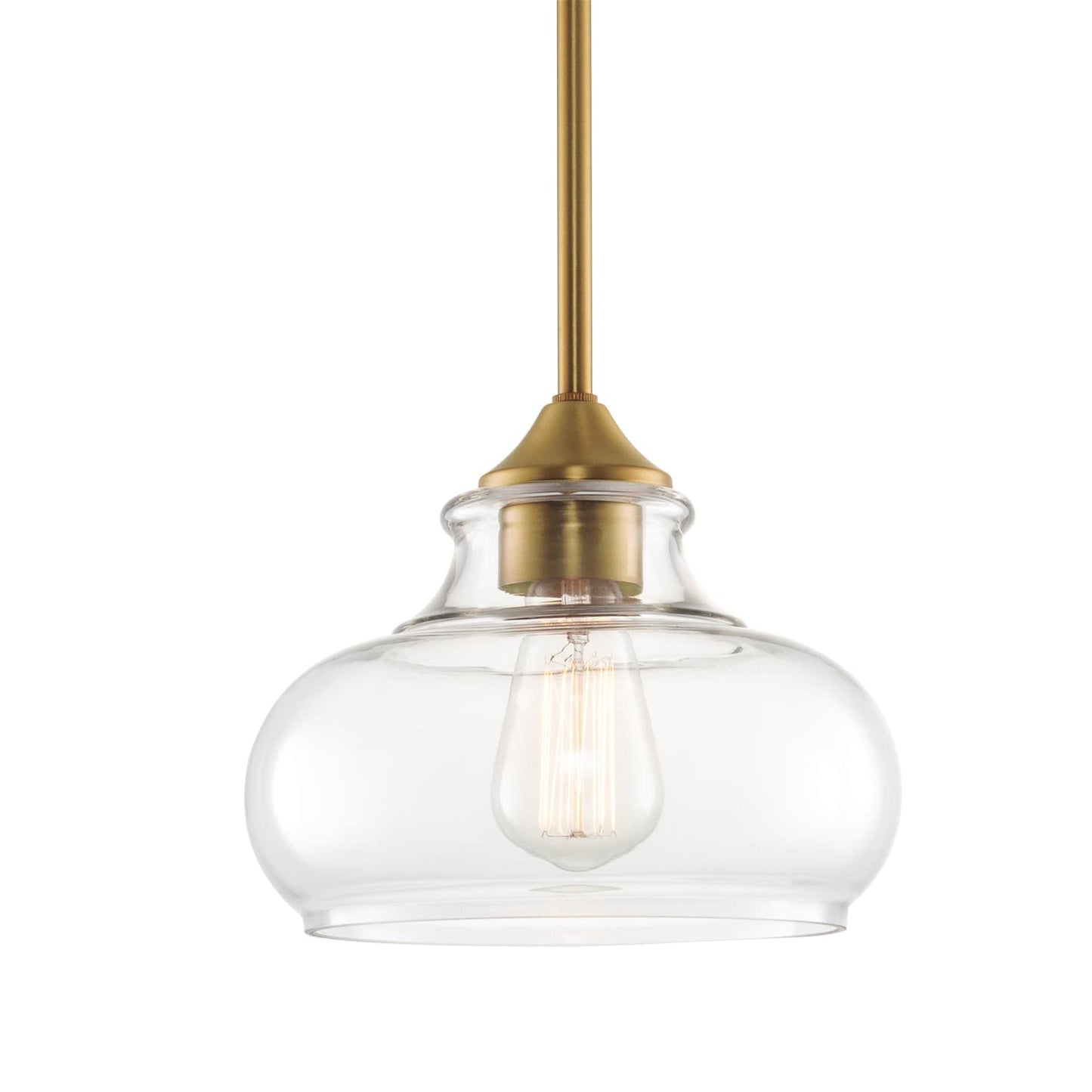 Kira Home Harlow 9" Modern Schoolhouse Pendant Light with Clear Glass Shade, Industrial Farmhouse Hanging Light with Schoolhouse Glass, Warm Brass Finish