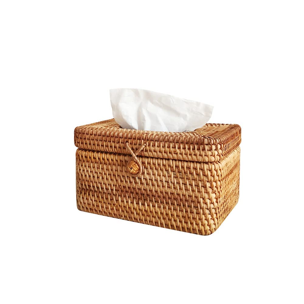 5 Inch Tall Rattan Tissue Box Cover Rectangular with Hinged Top Lid and Bead, Boho Woven Facial Napkin Holder, Decorative Napkin Dispenser Holder Organizer for Dresser Bathroom Décor, Brown