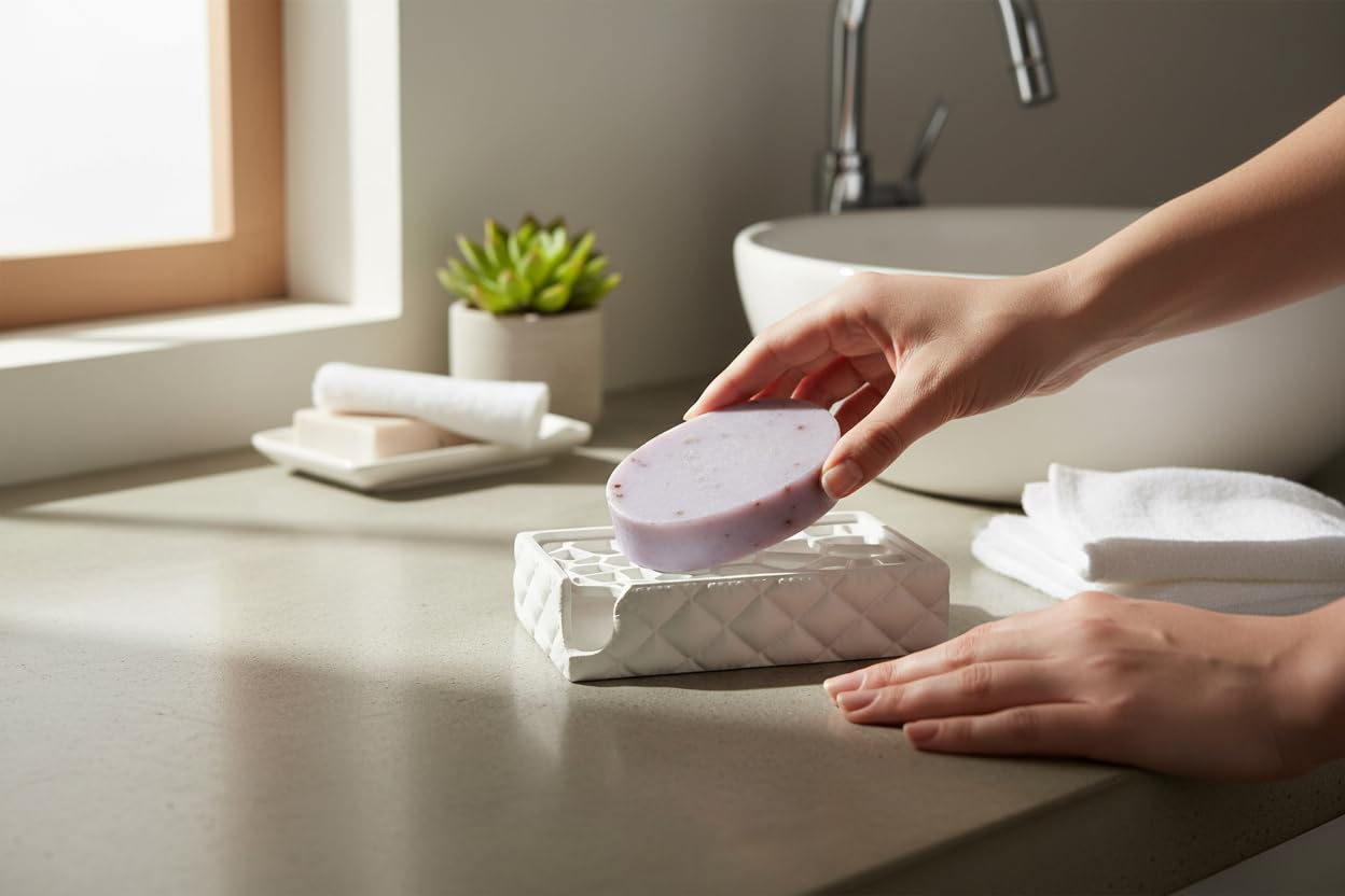 2 Pack Soap Dish Set for Bathroom Sink & Kitchen – Made in USA – Modern Geometric Draining Tray & Base