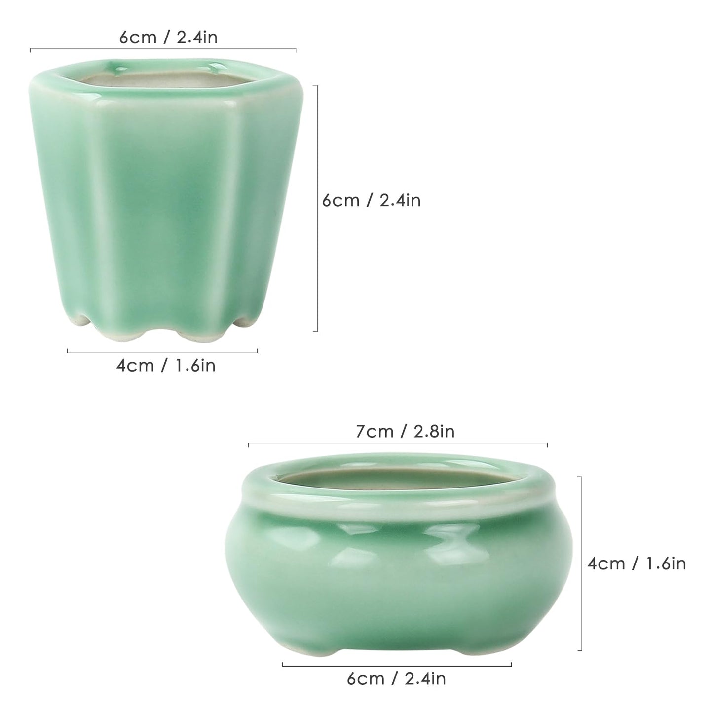 Bonsai Planter Succulent 2.4-2.8" (6-7cm) Mini Green Pots Value Set of 2