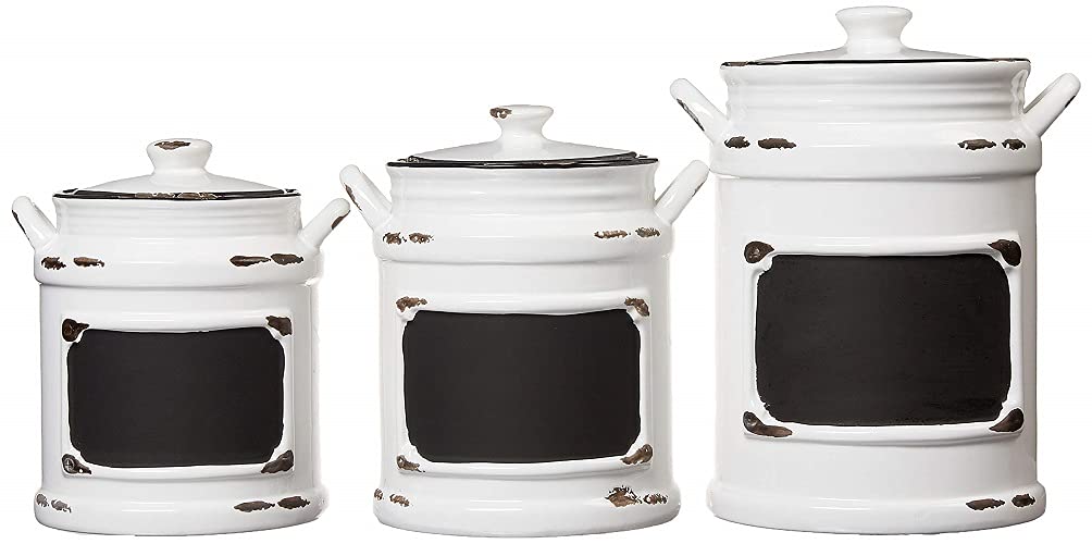 American Atelier Vintage Canister Set 3-Piece Ceramic Jars Chic Design with Lids for Cookies, Candy, Coffee, Flour, Sugar, Rice, Pasta, Cereal & More, 21x8x11, White with Black Distressing