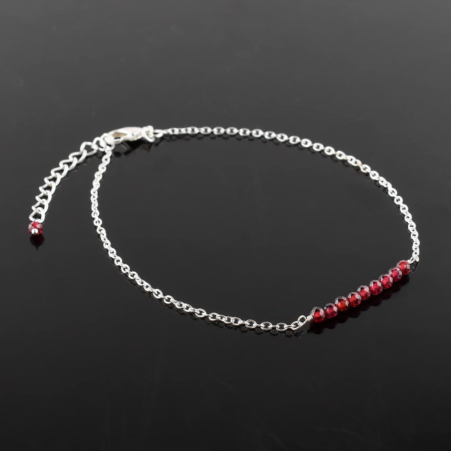 YANARA Garnet Ankle Bracelets for Women, Natural January Birthstone, Red Beads, Boho Chakra Healing Crystals, Dainty Anklet 9"+1.25" inch Silver Plated Adjustable Chain, Valentines Day Gifts For Women