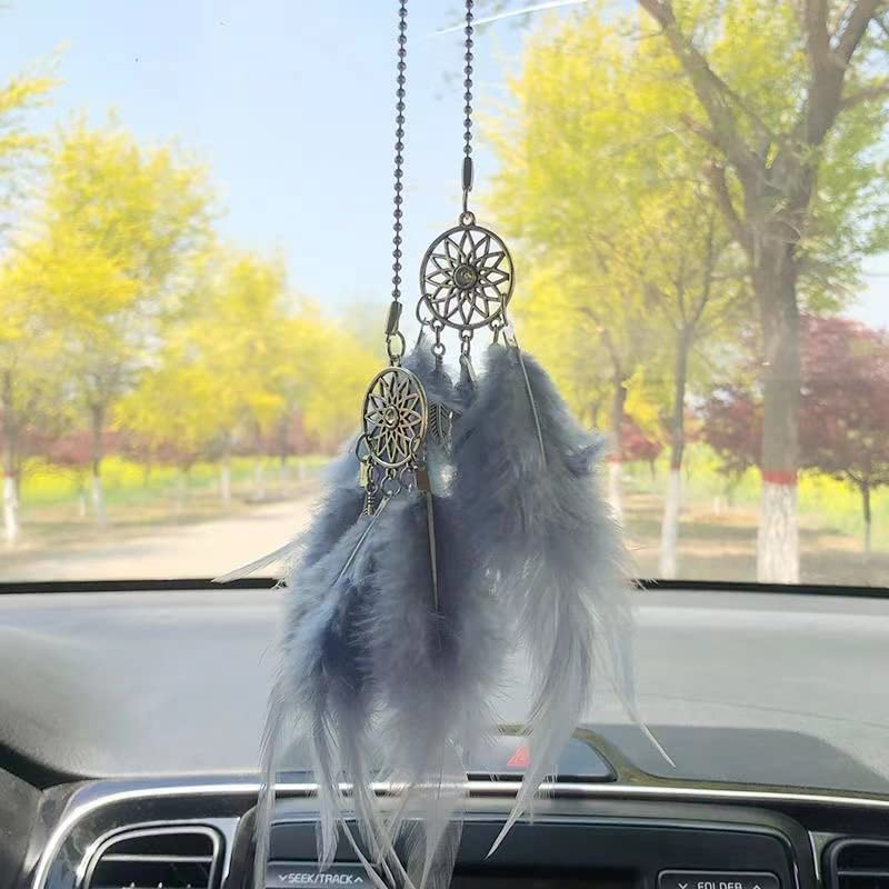 car Decorations for Women,Dream Catcher for car,Feather Dream Catcher Crystal Charm Bling Deco Accessories Hanging Ornaments Gift for Girl(Gray)