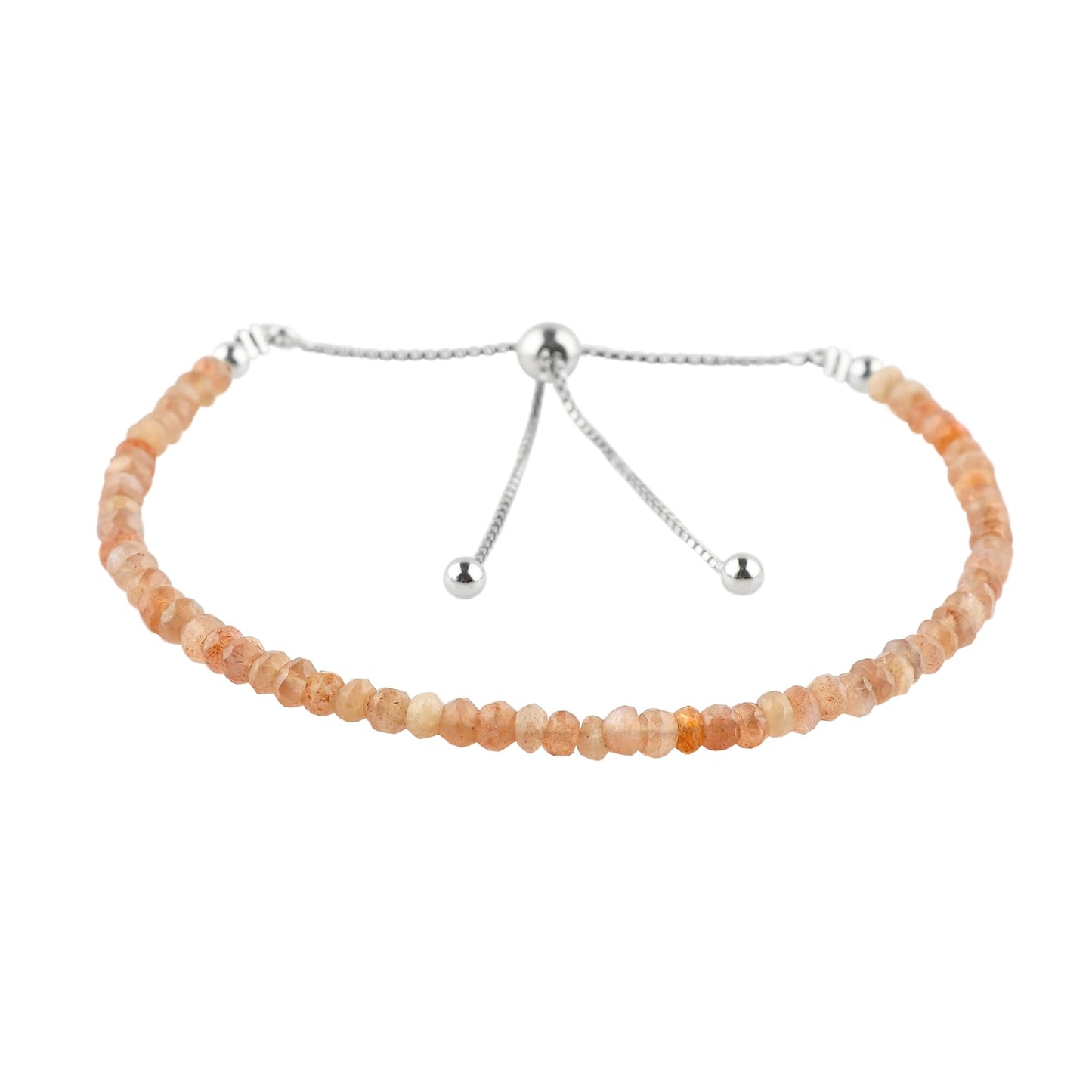 CRYSTALIS Natural Peach Moonstone Gemstone Beads Slider Bolo Bracelet, High Grade Beaded Crystals, Chakra Healing Stone, Gift Giving Women Jewelry, 925 Sterling Silver Slider 10 inch