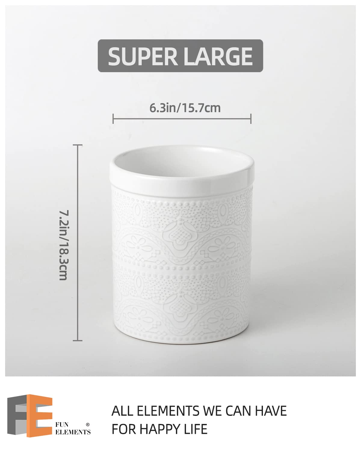 FUN ELEMENTS Kitchen Utensil Holder, 7.2" Super Large Utensil Crock Heavy and Stable Lace Emboss Ceramic Utensil Holder for Kitchen Counter (Bright White)