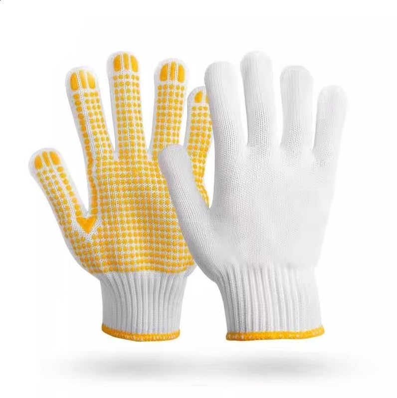 Safety Work Gloves with Anti-slip Dots 12 Pairs White Polyester Knitted Gloves for Garage Warehouse Painter Mechanic Industrial Gardening Construction (Yellow)