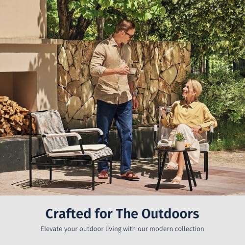 East Oak 3-Piece Patio Furniture Set, Outdoor Bistro Set with PE Rattan Wicker Wide Chairs, Soft Pads & Coffee Table, Modern All-Weather Wicker Patio Set for Garden and Porch, Creamy Apricot