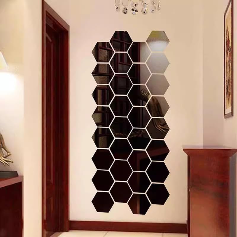 10PCS 3D Acrylic Mirror Wall Stickers Self-Adhesive Waterproof Mirror Decal Bedroom Living Room Hexagon Background Decoration,Black XS