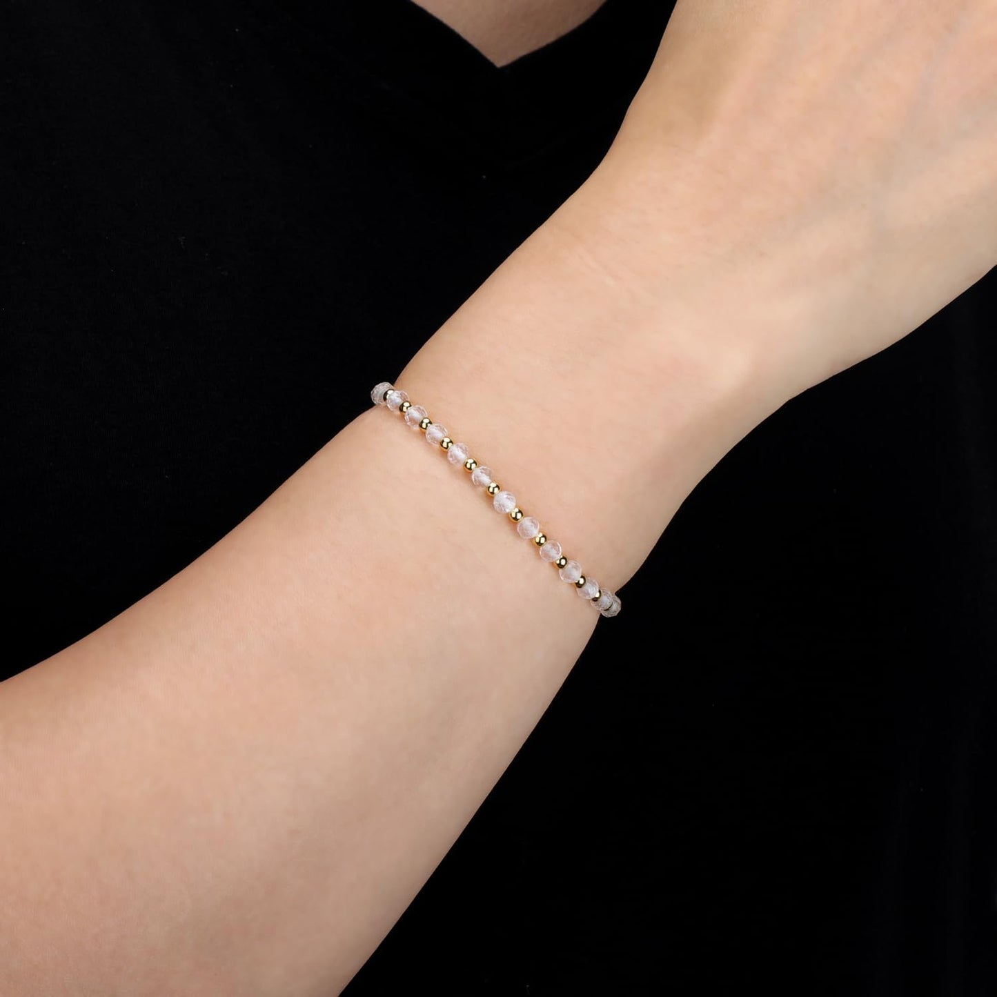 QOGIR Clear Quartz - Amplification - 14K Gold Plated Beads Natural Gemstone Stretch Elastic Dainty Healing Beaded Bracelets Gifts 4mm