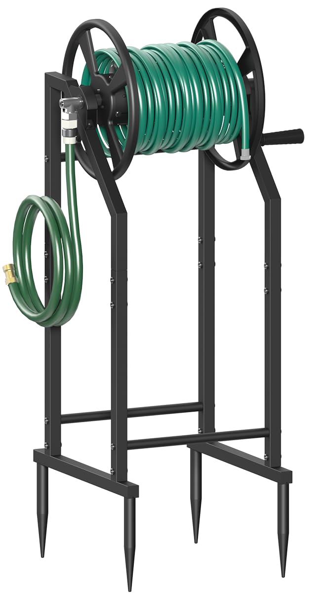 Mokeyder 4-Spike Garden Hose Reel with 3.9ft Leader Hose & Stainless Fitting, Outdoor Hose Holder holds 125ft Hose of 5/8", Freestanding Metal Hose Stand for Outside Yard Lawn, Black