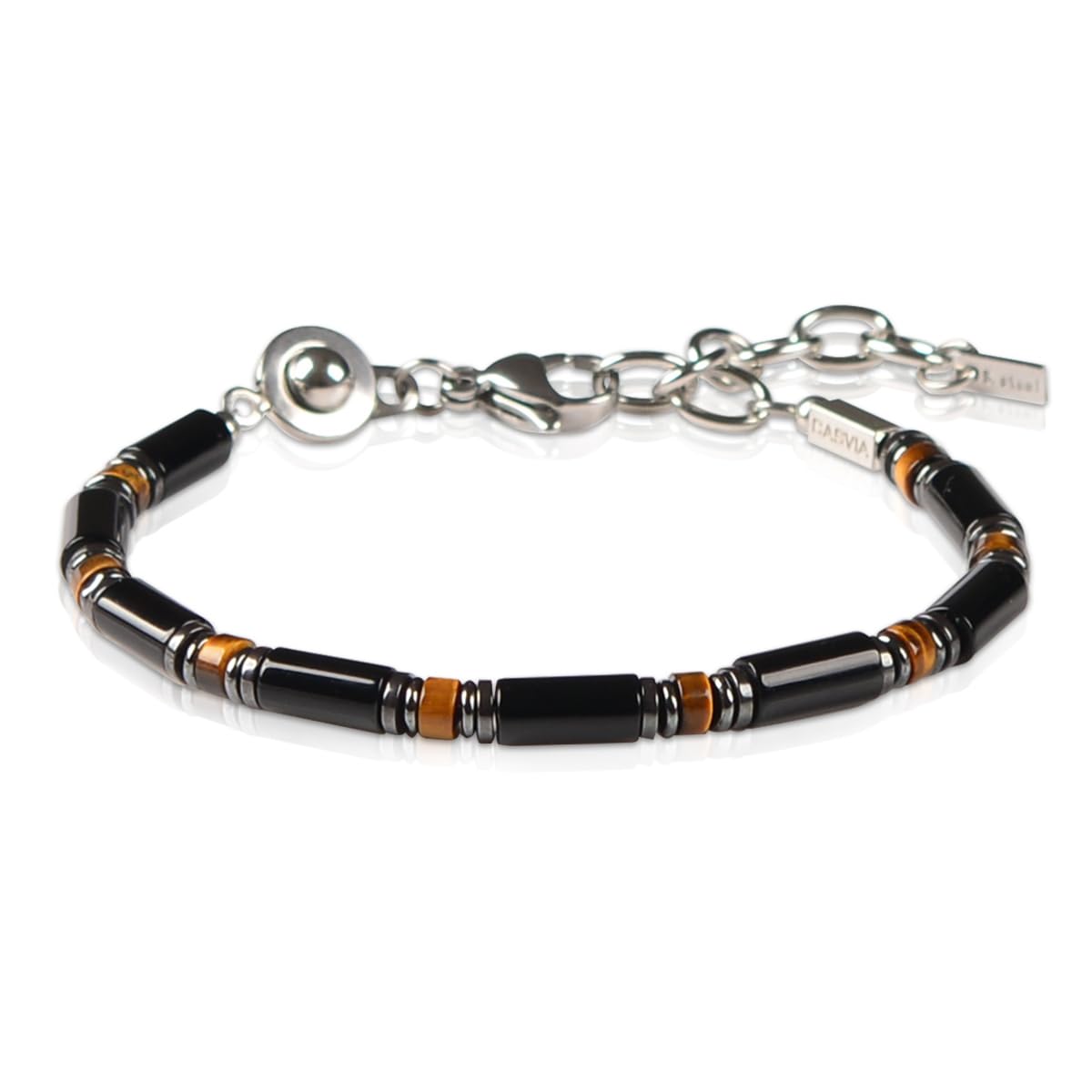 Casvia Men's Black Onyx Hematite Tiger Eye Chakra Beaded Gemstone Bracelet, Handmade Adjustable Dual Clasp 6.89-8.8 Inches, Comfort Fit Everyday Wear, Ideal Gift for Him