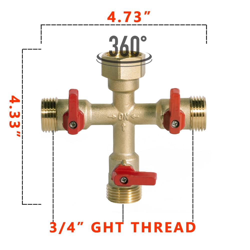HQMPC Hose Splitter – Heavy-Duty Brass Garden Faucet Connector Garden Hose Splitter 3 Way 3/4" GHT Thread Red Handle