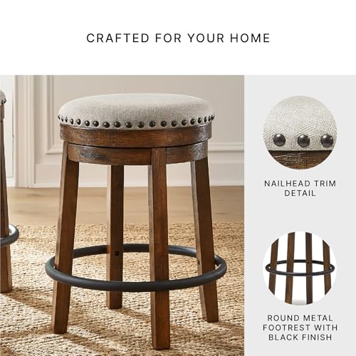 Signature Design by Ashley Valebeck Upholstered Swivel Stool, Cushioned Seat, Woven Fabric Upholstery, Wood, 24" H, Brown & Black