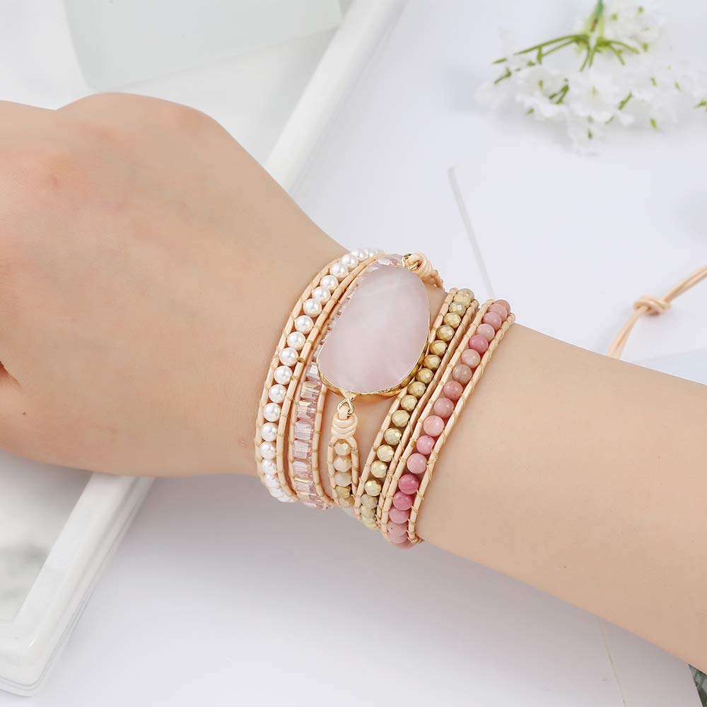 Plumiss Women Rose Quartz Wrap Bracelets Handmade Natural Stone Bead Crystal Hematite Mixed Strand Bracelet Jewelry