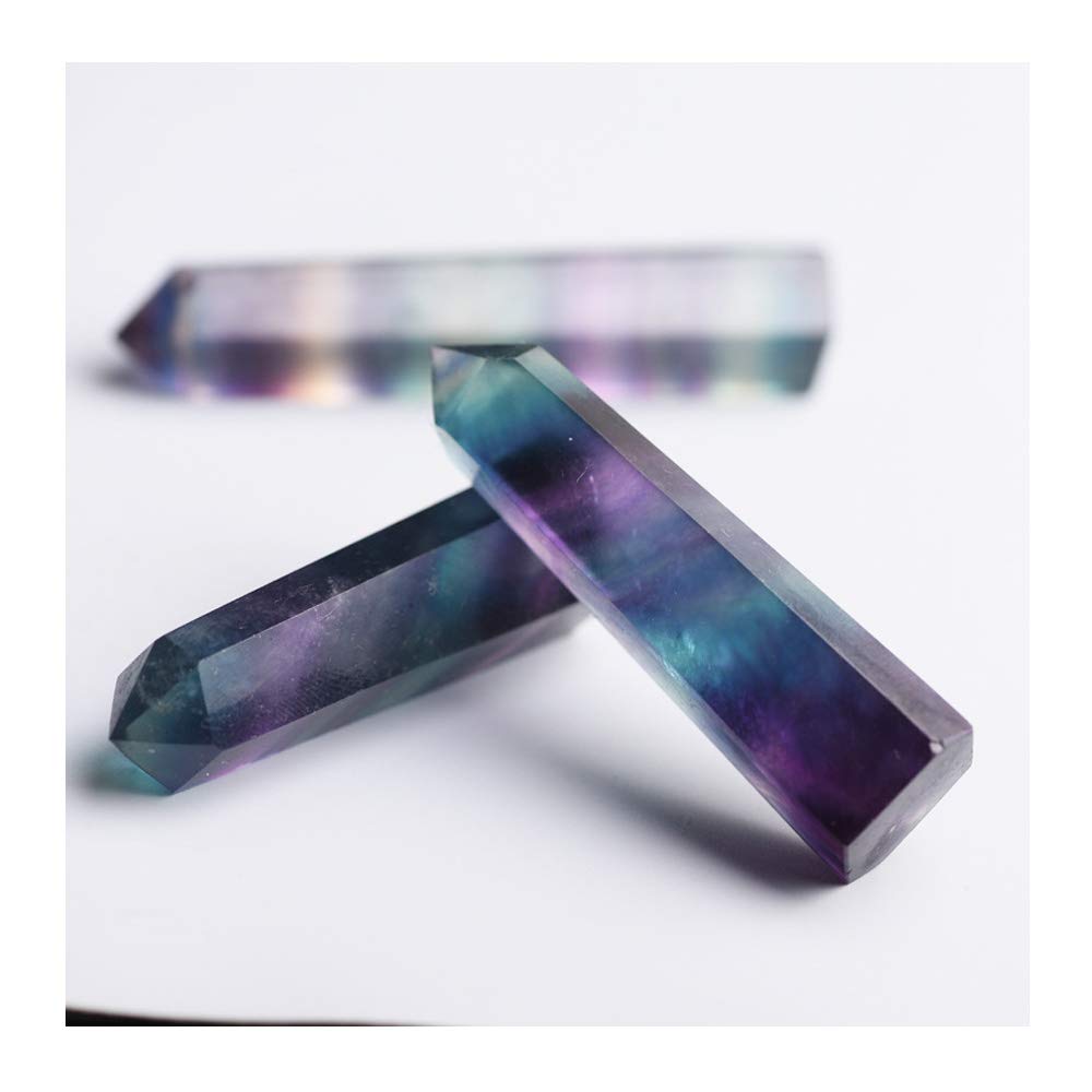Comidox 2Pcs Natural Rainbow Fluorite Quartz Crystal Hexagonal Wand Healing Crystal Stone Purple Green Gem for Feng Shui Decor Home Office Decor