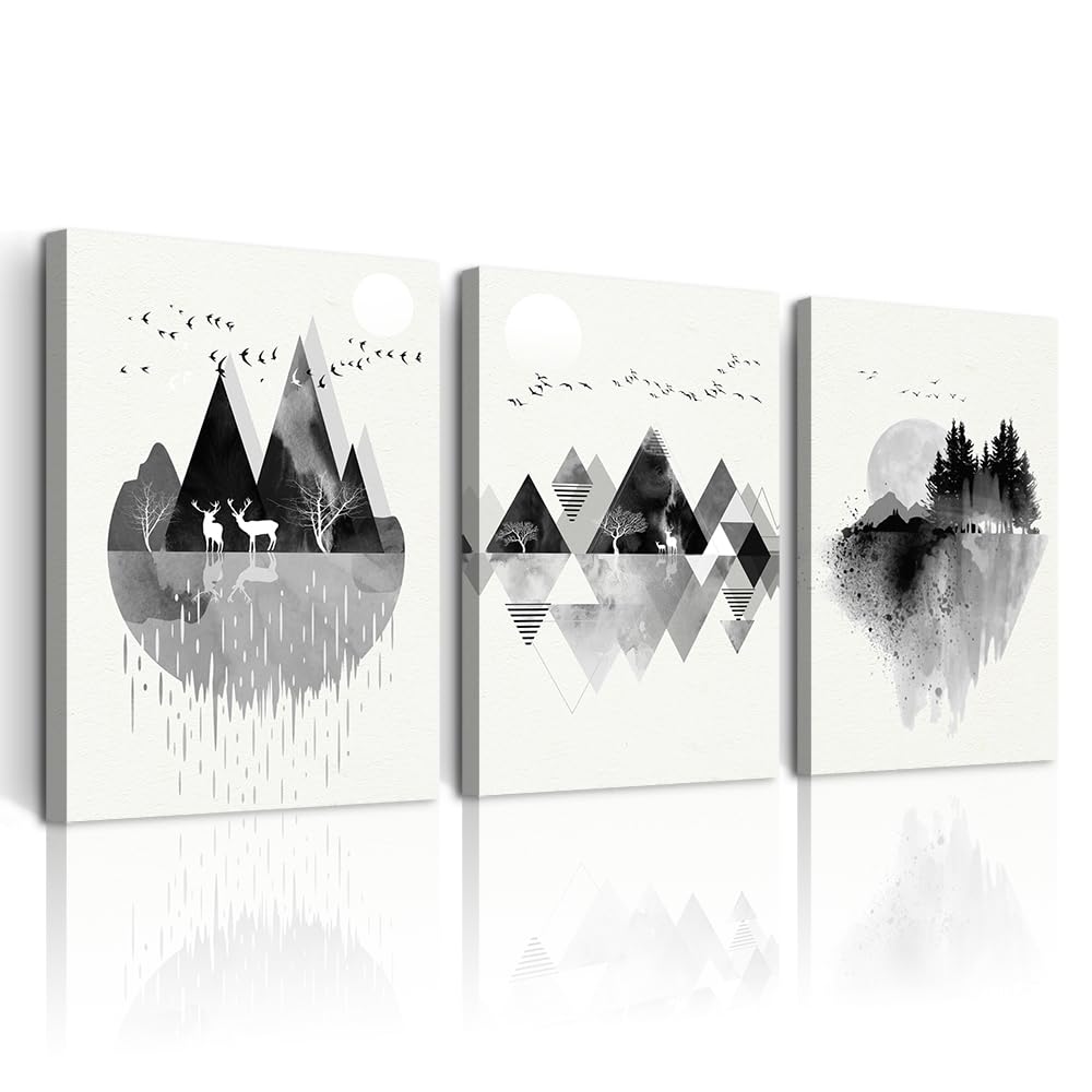 DZRWUBHS Large Abstract Wall Art - 3 Pieces, Black And White Mountain Geometric Wall Painting For Living Room, Office, Bedroom Decor