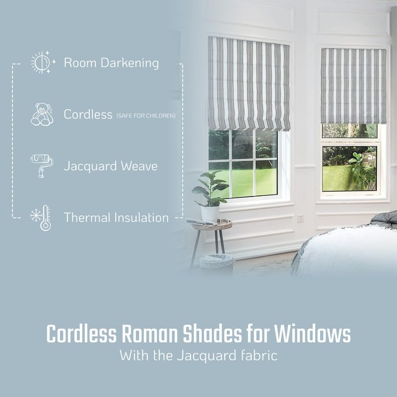 Everyday Celebration Roman Shades, Room Darkening Cordless Vertical Stripe Shades for Indoor Windows, Woven Fabric Blinds 31" W x 64" H, Natural