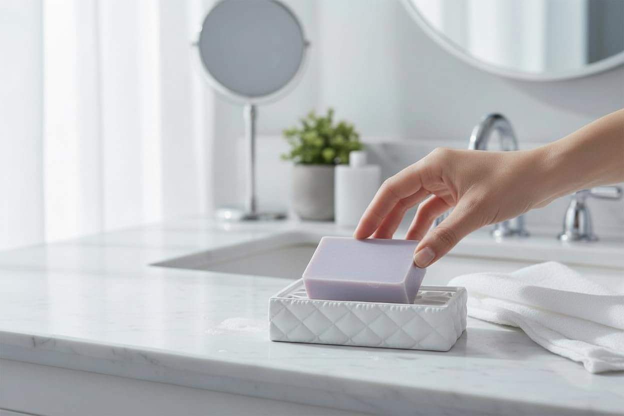2 Pack Soap Dish Set for Bathroom Sink & Kitchen – Made in USA – Modern Geometric Draining Tray & Base
