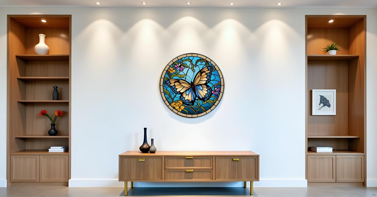 LMSDYSHU Butterflies and Mosaic,Tempered Glass Wall Art,unframed，Easy to clean,18"（45.72cm） Diameter (blue)