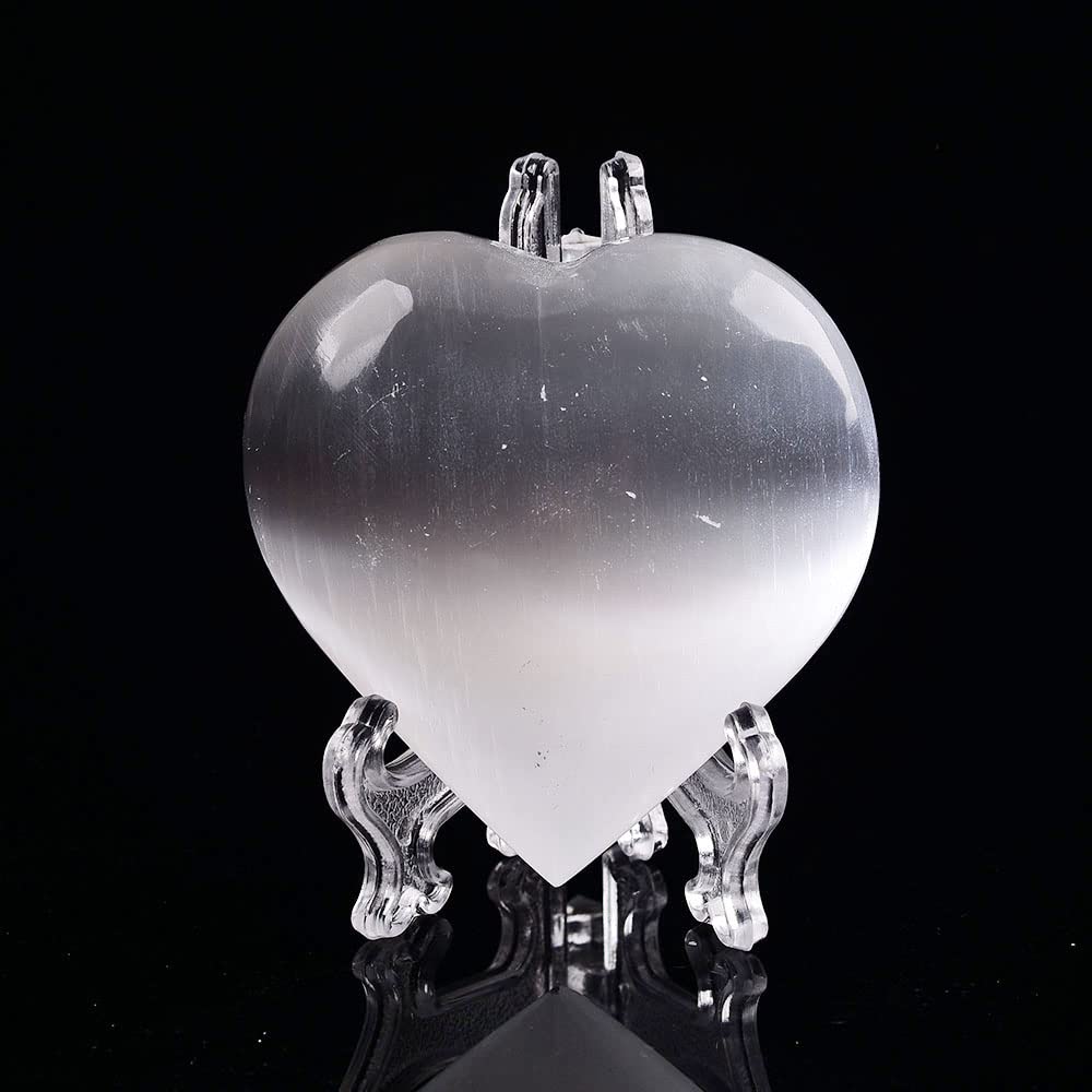JIC Gem Selenite Heart 2 Inch(60mm) Love Palm Worry Stone Crystals and Healing Stones with Free Display Holder and Gift Box Home Decoration