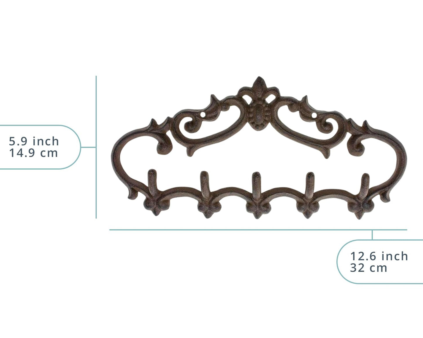 Comfify Cast Iron Wall Mounted Hanger – Vintage Design with 5 Hooks for Keys, Towels, Robes, and Clothes – Heavy Duty Rustic Metal – 12.6" x 5.9" – Brown