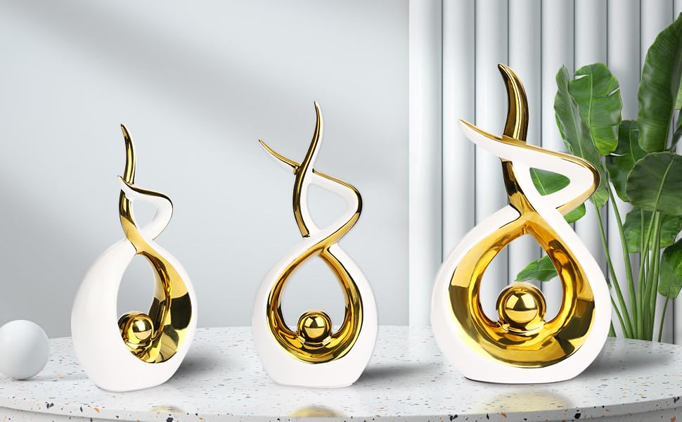 Querro Modern Abstract Ceramic Statue - Elegant White & Gold Decor for Home Living Room, Dining Table Centerpiece & Office Shelf | Luxury Aesthetic Sculpture (Large)