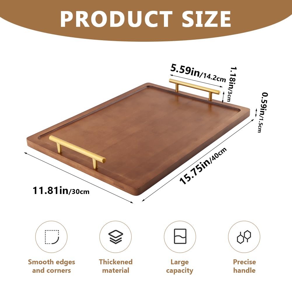 Wooden Serving Tray, 17x12In Wooden Food Drinks Tray with Metal Handles for Coffee Table, Breakfast, Dinner & Bar, Rustic Decorative Ottoman Tray for Kitchen, Parties