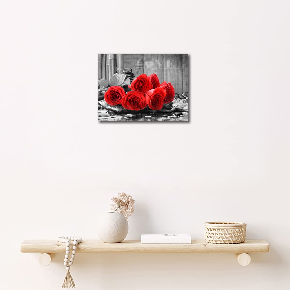 YMYXMC33 Red Rose Flower Picture Decor Wall Art Canvas Print Black and White Poster Country Love Decoration Bedroom Bathroom12x15