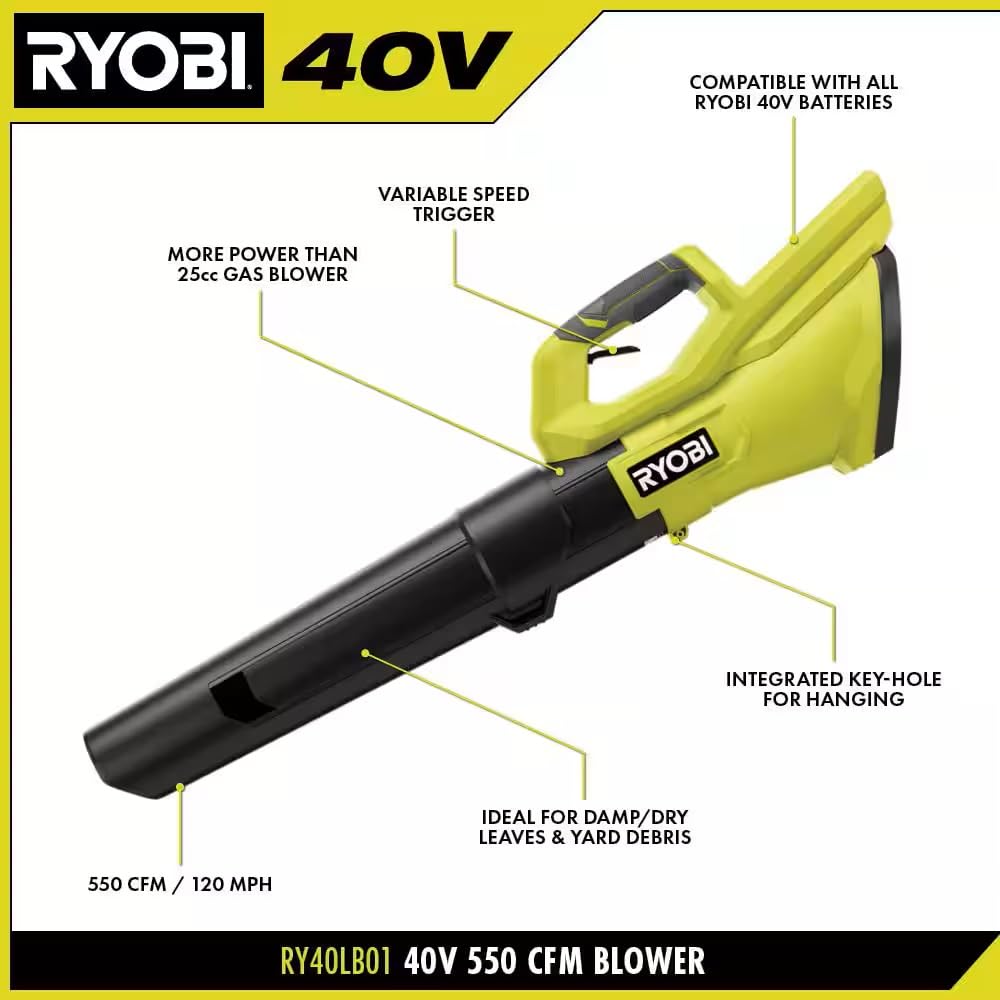 RYOBI 40V 120 MPH 550 CFM Cordless Battery Leaf Blower Tool ONLY RY40LB01B